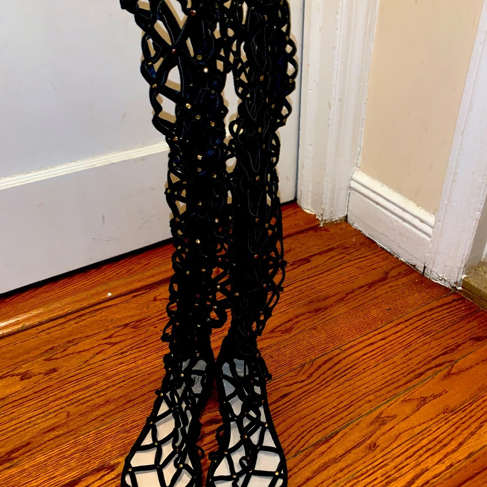 EXE Black suede thigh high sexy boot gladiator